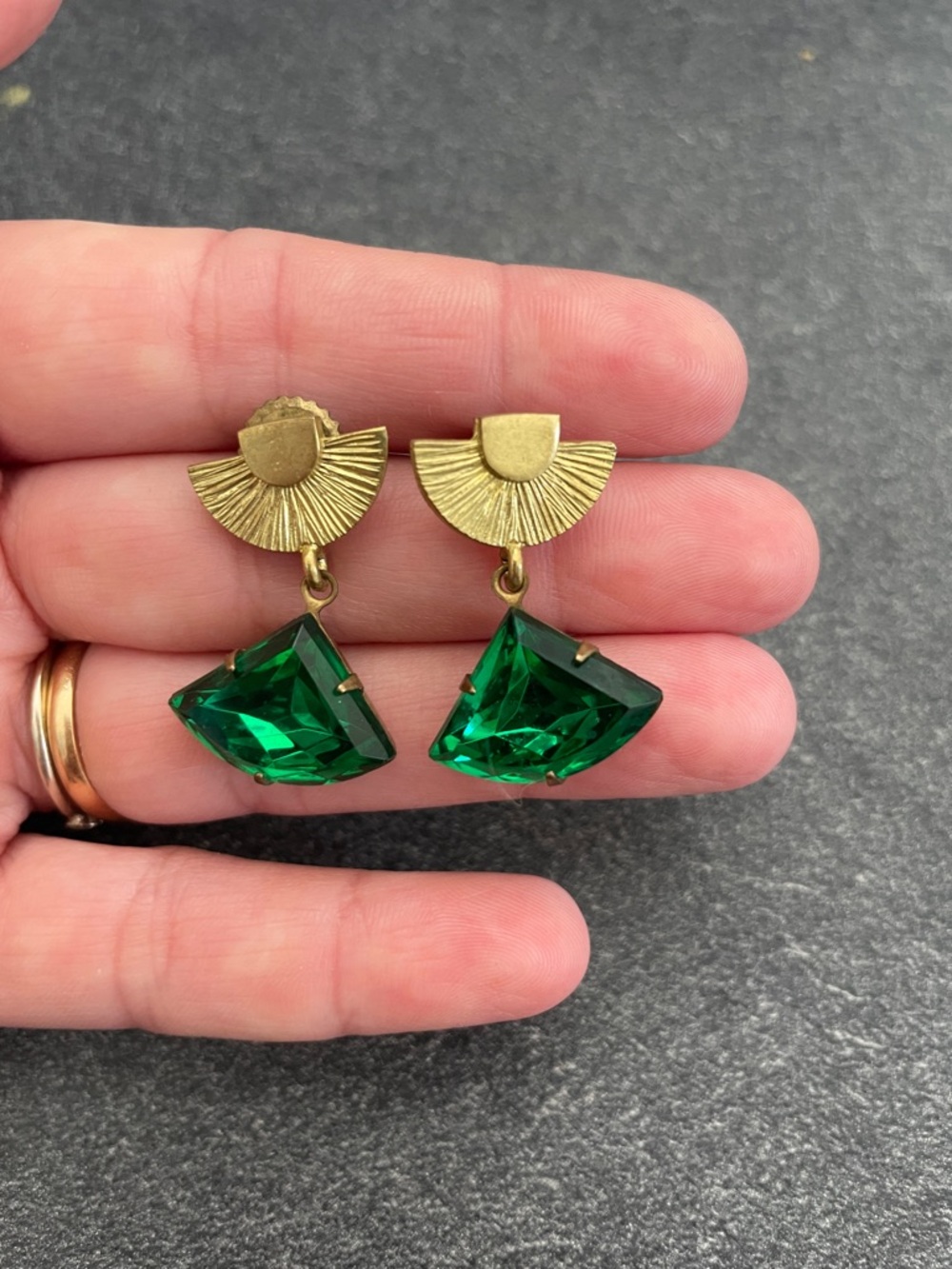Art Deco-style Gold-Tone Earrings with Emerald Green Glass Stones